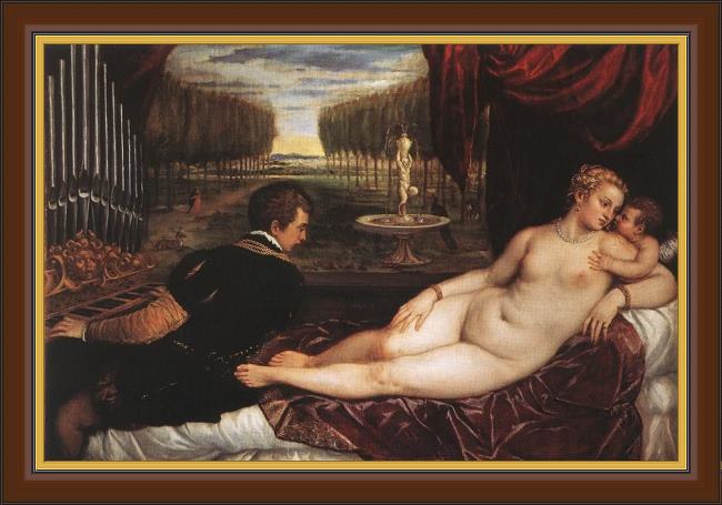 Framed Titian venus with organist and cupid painting