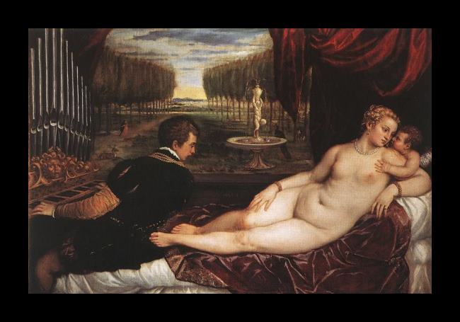 Framed Titian venus with organist and cupid painting