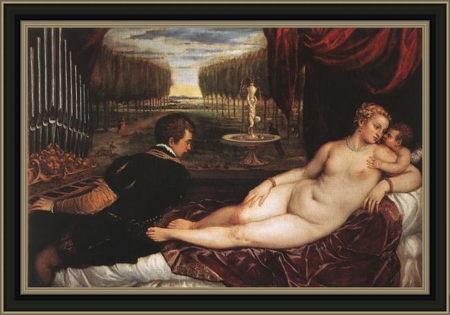 Framed Titian venus with organist and cupid painting