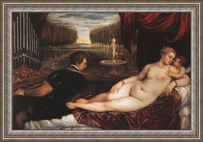 Framed Titian venus with organist and cupid painting
