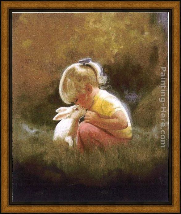 Framed Unknown lovely little girl and rabbit painting