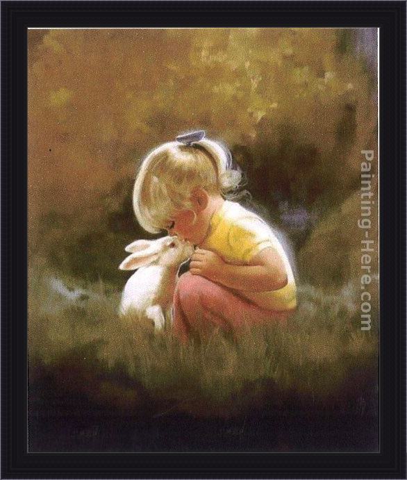 Framed Unknown lovely little girl and rabbit painting
